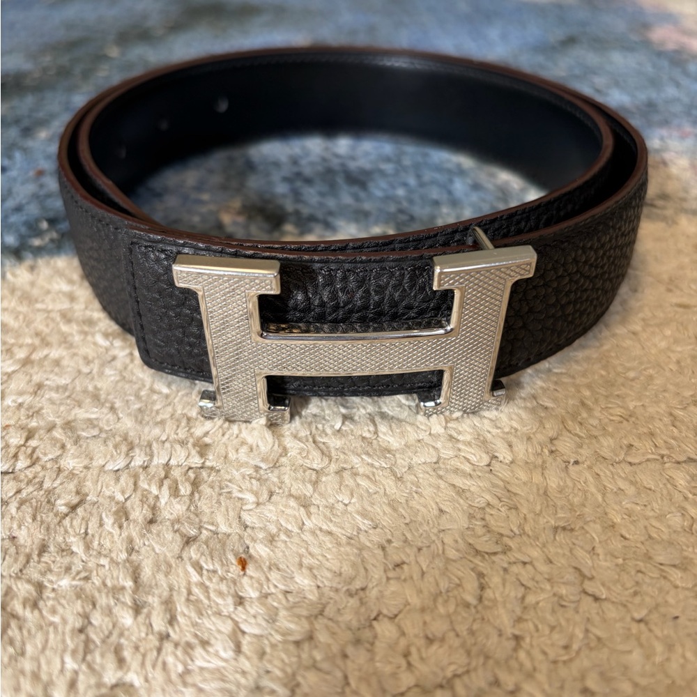 Hermes Black Leather Belt with Silver Buckle